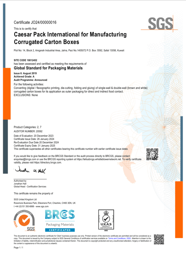 BRCGS Packaging Materials, Issue 6 certificate issued by SGS
