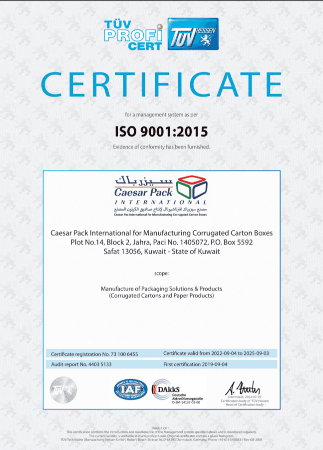ISO 9001:2015 Quality Management certificate issued by TÜV